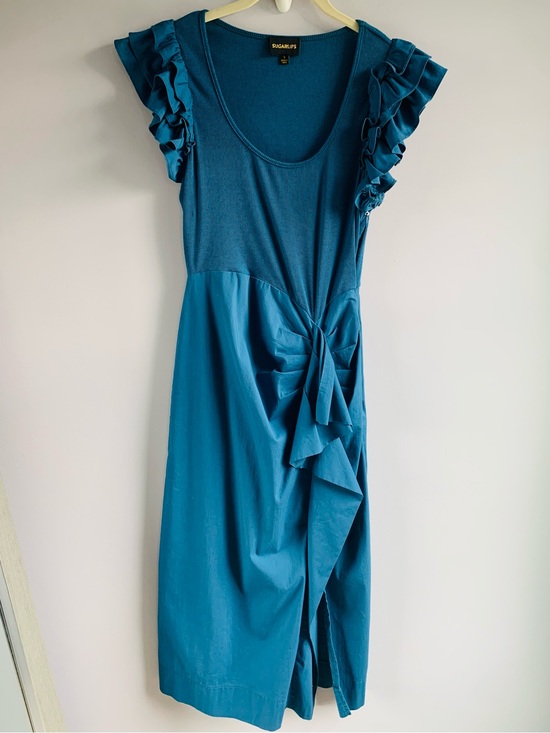 Sugarlips Dresses & Skirts - Sugar Lips Dress Deep Teal Aqua Waterfall Ruffled Sleeves Formal Party EUC Small